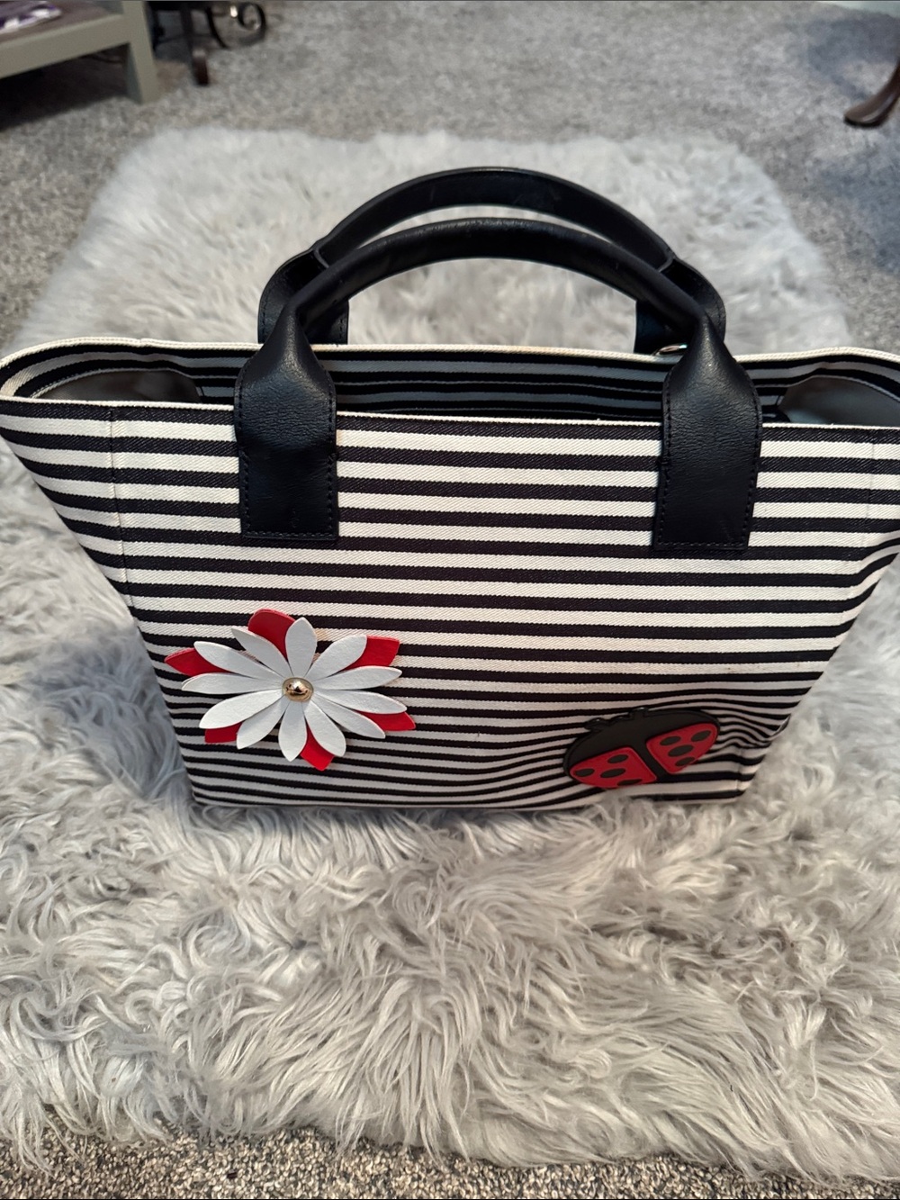 Talbots Striped Black & White Tote with Red Flower Accent